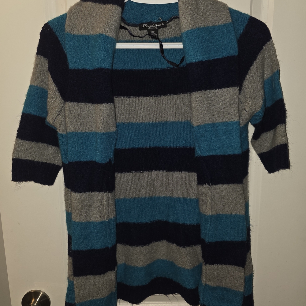 Teal and Gray Striped Cardigan